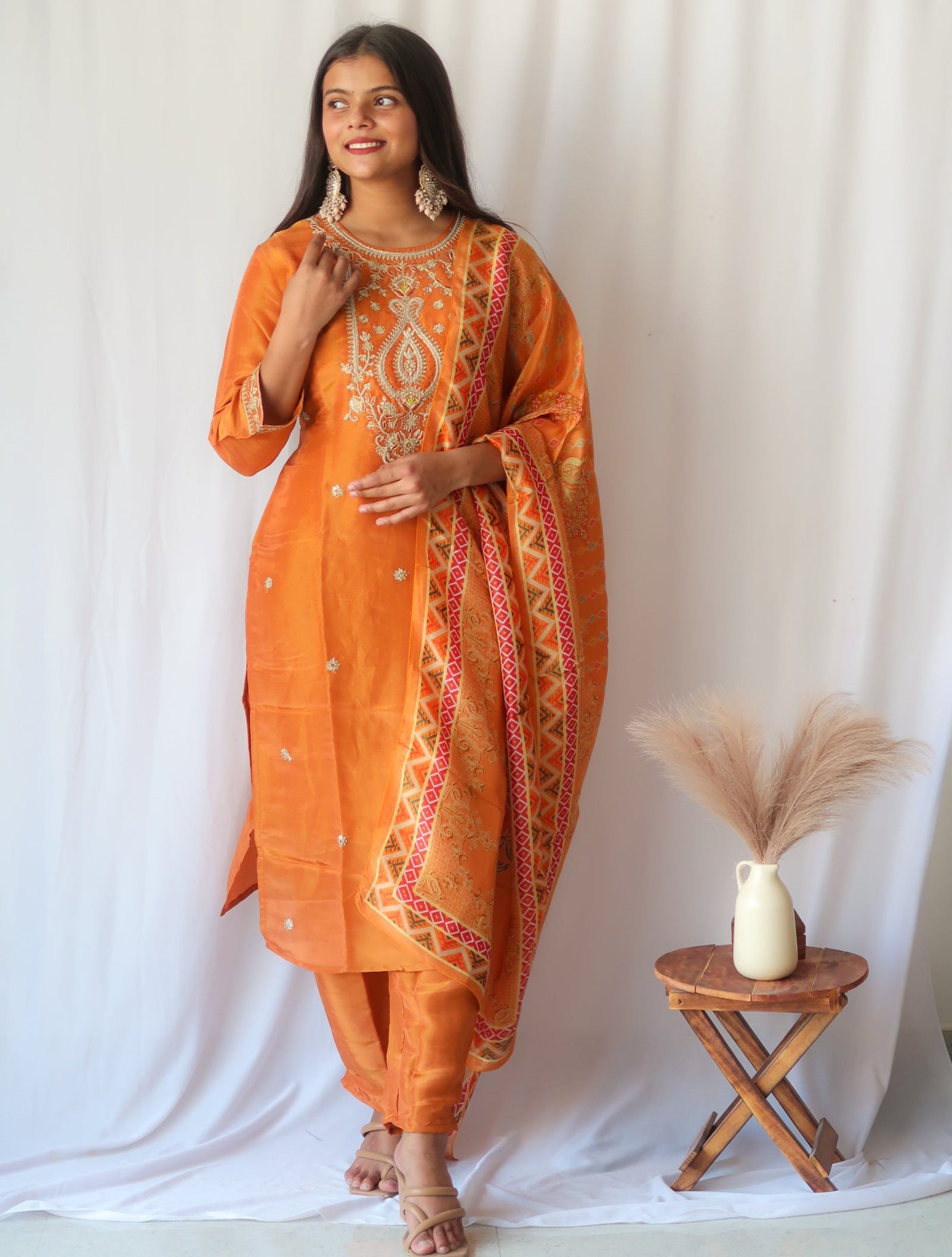 Rust Zariwork Soft Tissue Shimmer Suit Set (Slim Fit) - SALE