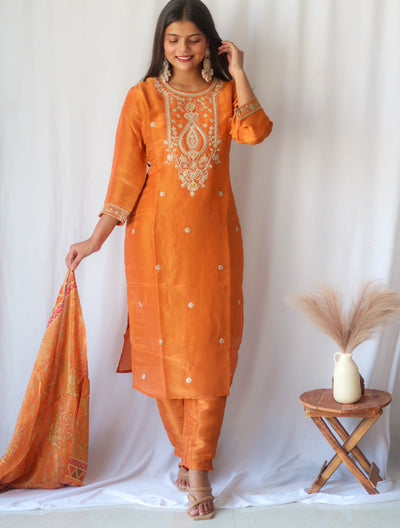 Rust Zariwork Soft Tissue Shimmer Suit Set (Slim Fit) - SALE
